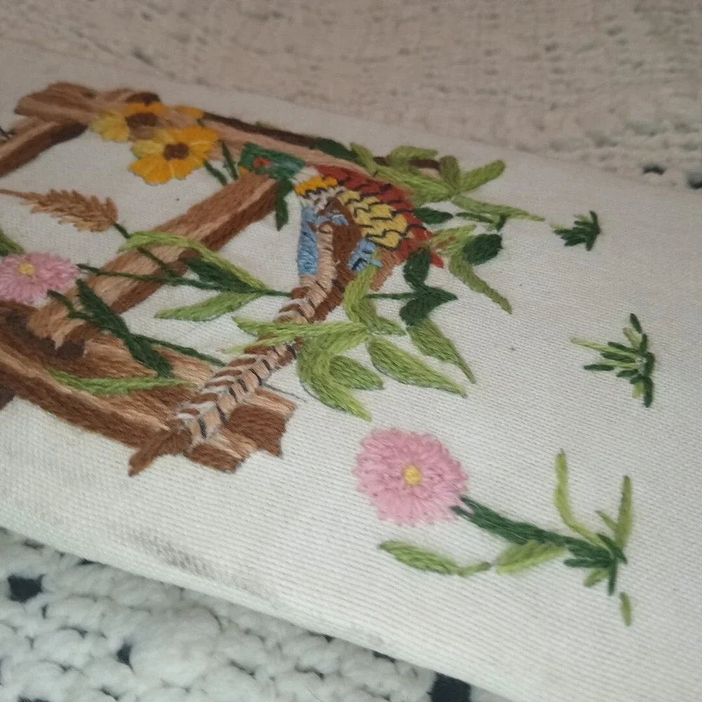 Embroidered Cross Stitch Hanging Art Birds Vintage Handmade Quail Leewards 26X6